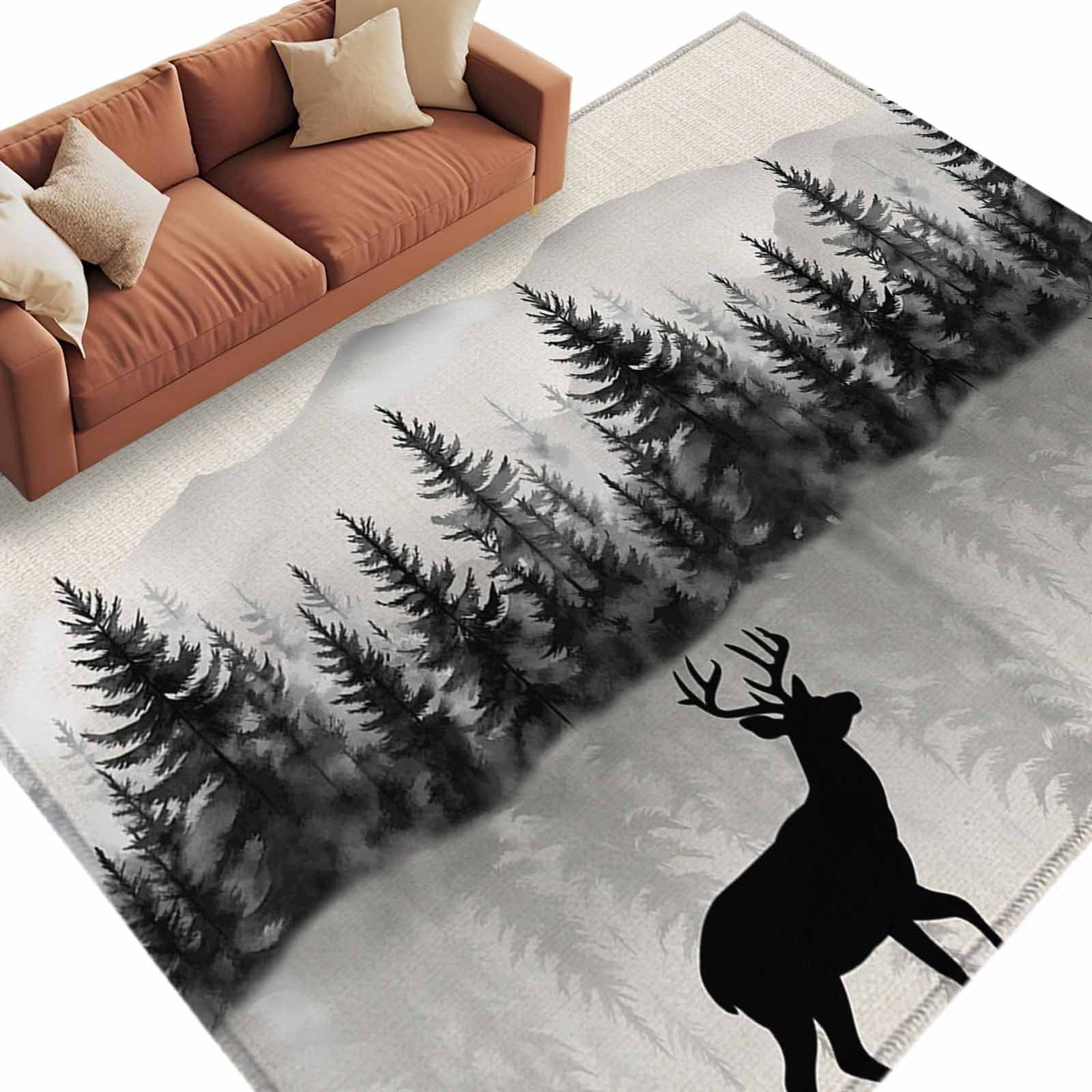 Black Deer Area Rug 5x7ft Mountain Forest Animal Trees Nature Linen Non ...
