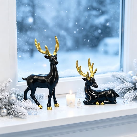 Black Deer Figurines Pair, Resin Deer Statue Set for Wine Cabinet, Living Room TV Cabinet Entryway Decor, Modern Animal Sculpture Ornament, Sturdy Base Home Accent Gift