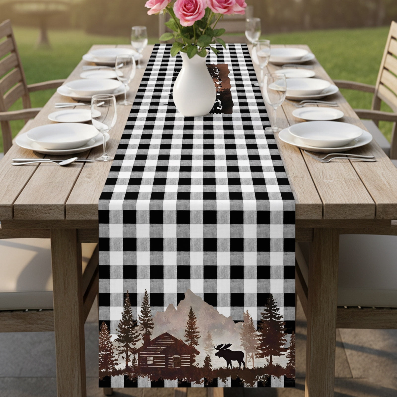 Black Deer Forest Wooden House Table Runner 13x36in Non-Slip Cotton ...