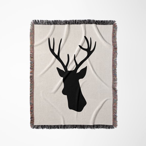 Black Deer Head Silhouette On White. Modern Stag With Antlers Shadow, Woven Blanket