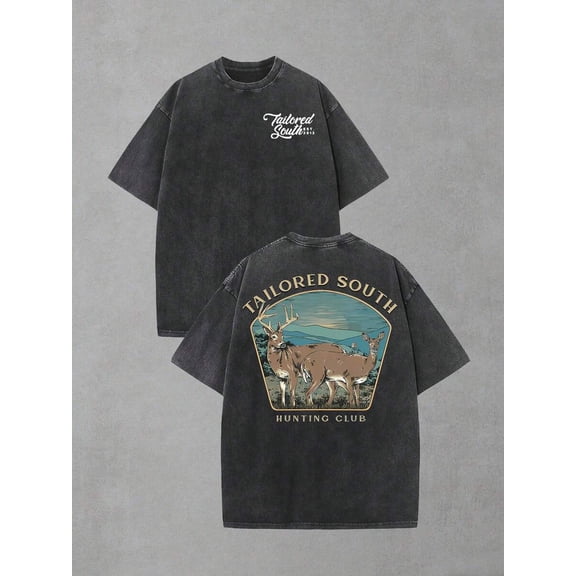 Black Deer Hunting Graphic Mens Vintage Washed Oversized Crew Neck Short Sleeve T-Shirt