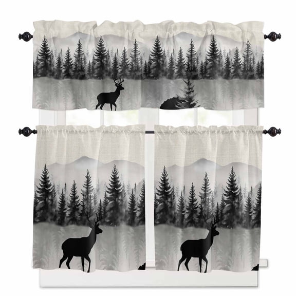 Black Deer Kitchen Curtains Valances and Tiers Set of 3, 24 Inch Length Tier Curtains and Valance Rod Pocket Valance Curtains Set for Kitchen Bathroom Small Windows