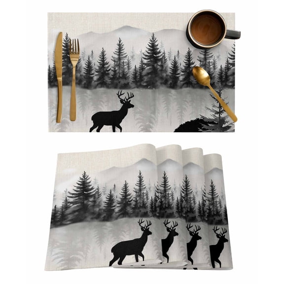 Black Deer Placemats Set of 1 Mountain Forest Animal Trees Nature Linen Heat Insulation Washable Place Mats, Rustic Non-Slip Table Mats for Dining Table Party Kitchen Decor,13x19 Inch