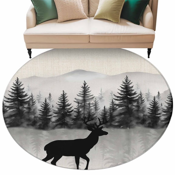 Black Deer Round Area&nbsp;Rug 5ft Mountain Forest Animal Trees Nature Linen Non-Slip&nbsp;Washable Circle Rugs Soft Felt Indoor Floor Mat for Bedroom Kitchen Living Room Bathroom