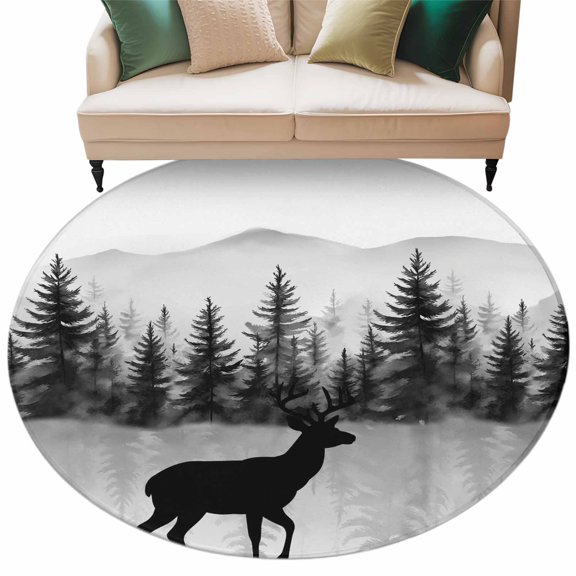 Black Deer Round Area&nbsp;Rug 5ft Mountain Forest Animal Trees Nature Scenery Non-Slip&nbsp;Washable Circle Rugs Soft Felt Indoor Floor Mat for Bedroom Kitchen Living Room Bathroom