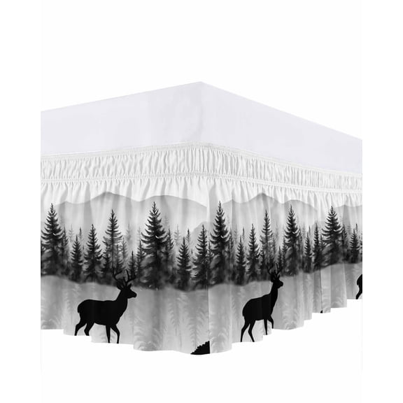 Black Deer Ruffle Bed Skirt Queen Size Mountain Forest Animal Trees Nature Scenery Adjustable Elastic Dust Bed Skirts Wrap Around Bedskirt Wrinkle Free Easy Fit with 16 Inch Drop