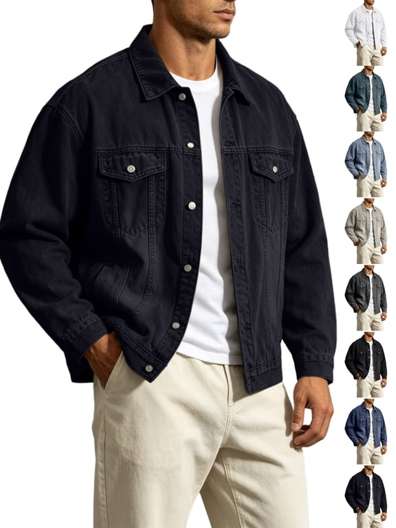 Black Denim Jacket for Men Versatile Vintage Washed Workwear Coat Street Style Loose Denim Jacket
