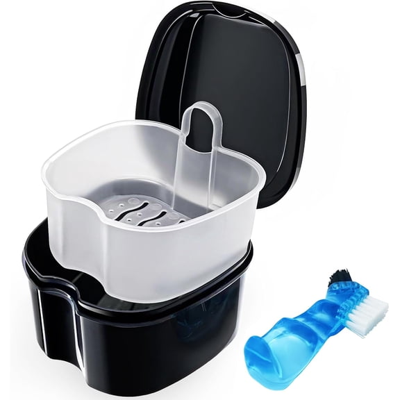 Black Denture Soaking Container Partial Denture Case, Orthodontic Retainer Cleaning Case Denture Cleaner Container Dentures Teeth Cup with Strainer and Lid Waterproof