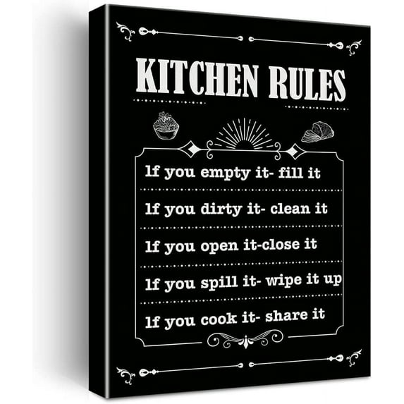Black Design Kitchen Rules Canvas Wall Art, Kitche Wall Art Signs, Ready to Hang Wall Decoration Print Poster for Kitchen, Framed 11.5" X 15"Ready to Hang
