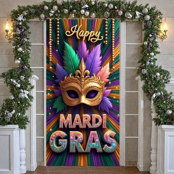 Black Design Mardi Gras Banner Gold Crown Accent Carnival Display Purple Green Color Jester Mask Pattern Festive Backdrop for Mardi Gras Party Carnival Celebration Indoor Decoration