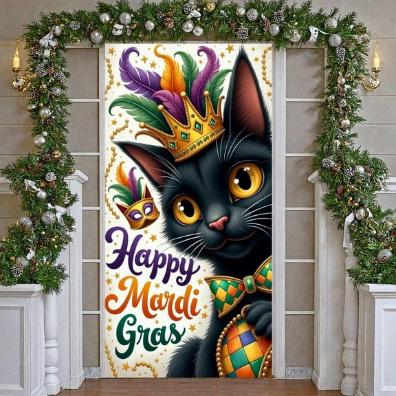 Black Design Mardi Gras Banner Golden Crown Happy Mardi Gras Display Feather Decor Masked Theme Carnival Backdrop for Mardi Gras Party Carnival Celebration Indoor Decoration