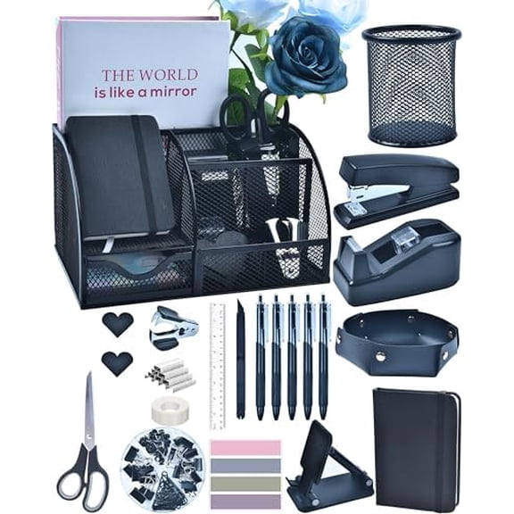 Black Desk Accessories, 24Pcs Office Supplies and Desk Organizers, with Tape Dispenser, Stapler, Staple Remover, Ect, Gift Box Packaging