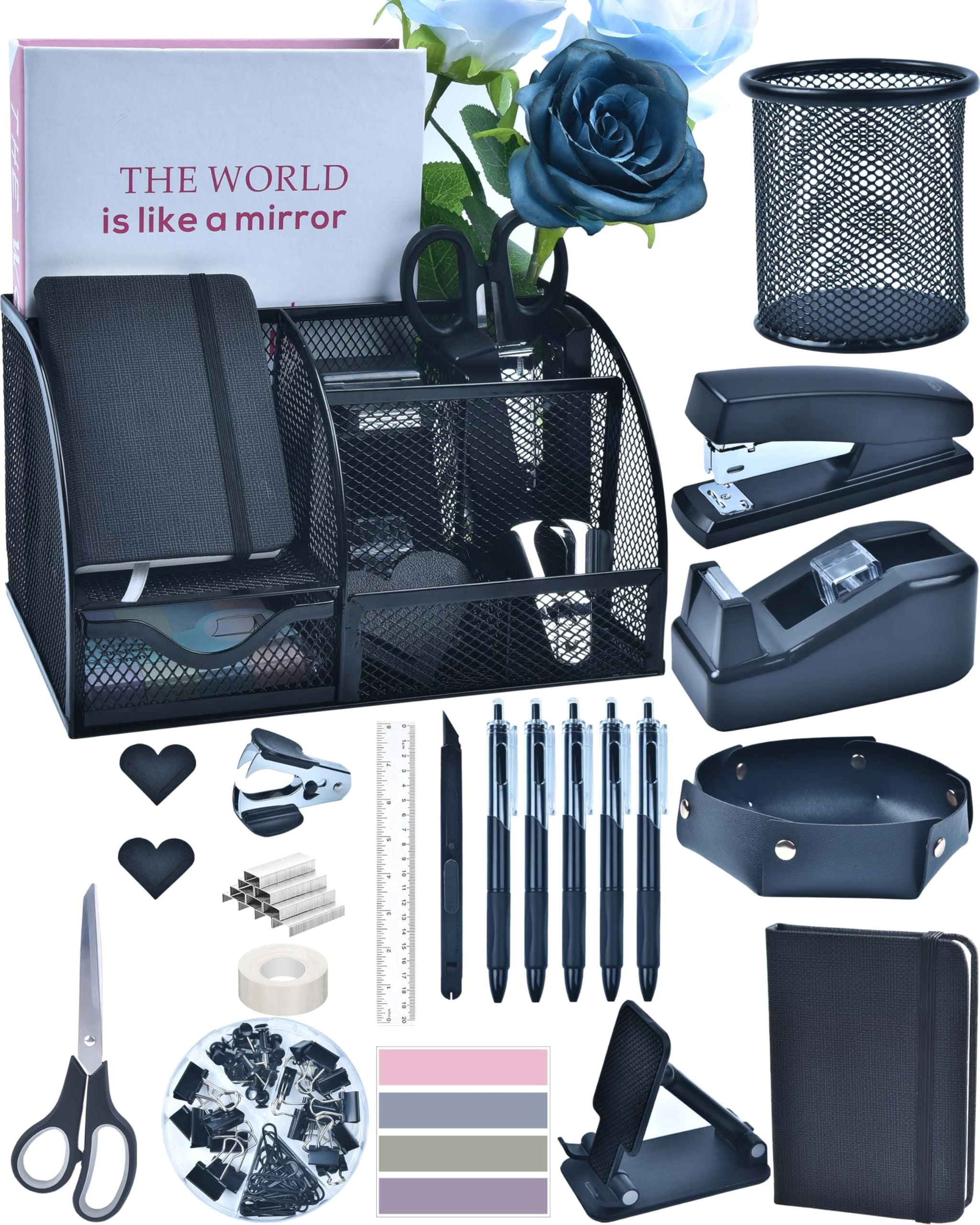 Black Desk Accessories  24pcs Office Supplies And Organizers With Tape Dispenser Stapler Staple Remover Ect Gift Box Packaging