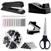 Black Desk Accessories 7 Pcs, Stapler, Staple Remover, Staples, Tape Dispenser, Clips Set, Scissor, Sticky Note, Black Office Supplies
