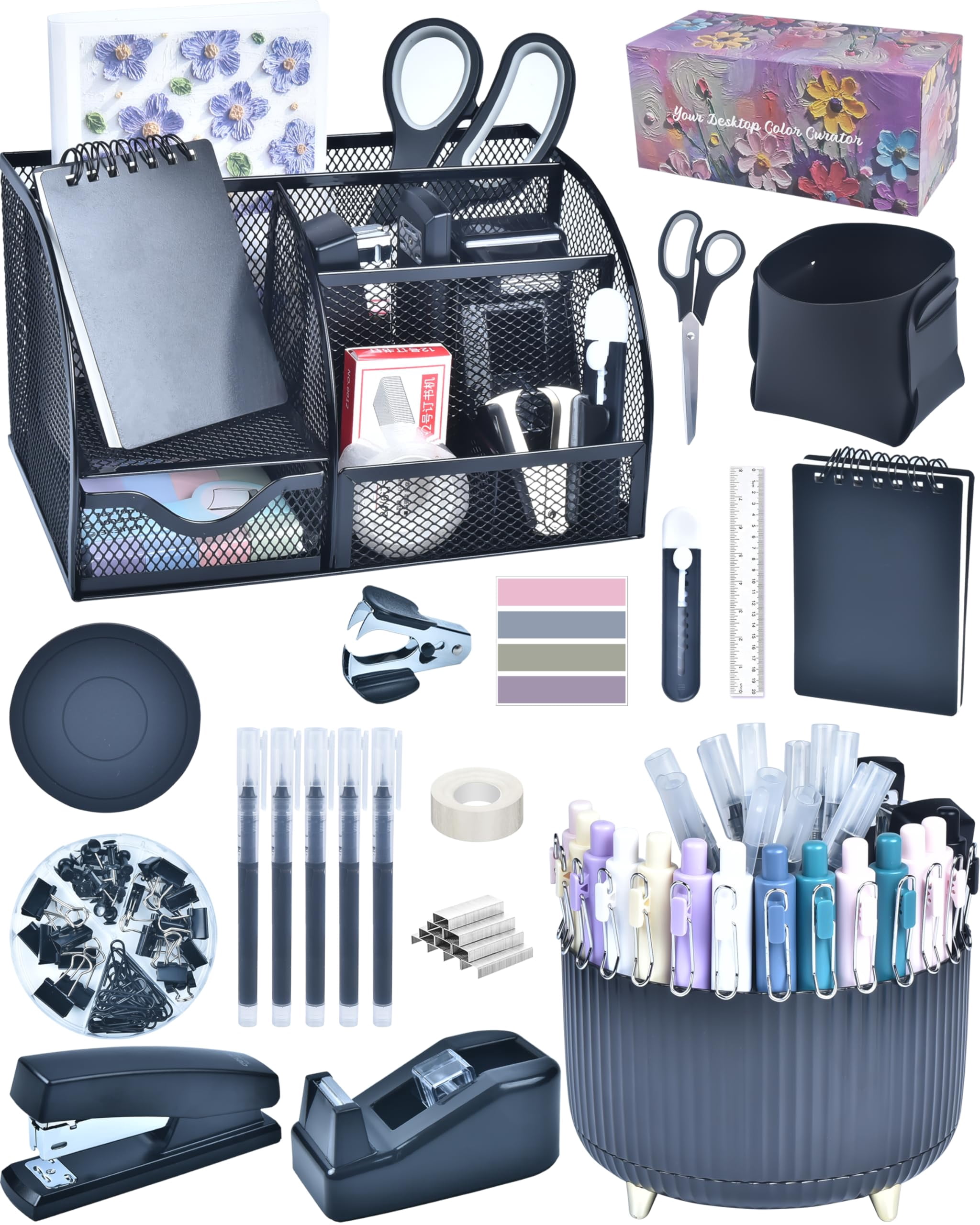 Black Desk Accessories And Organizers With Organizer 360°rotating Pen Holder Stapler A Lot Of Office Supplies Beautifully Presented In Gift Box