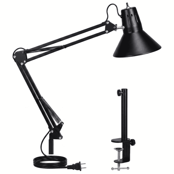 Black Desk Clamp Lamp, Extra-Tall Adjustable Metal Swing Arm, 5000K Bright Daylight for Manicurist Nail Work, Drafting, Sewing, Crafting, College Dorm Desk, Home Office Studying and Reading