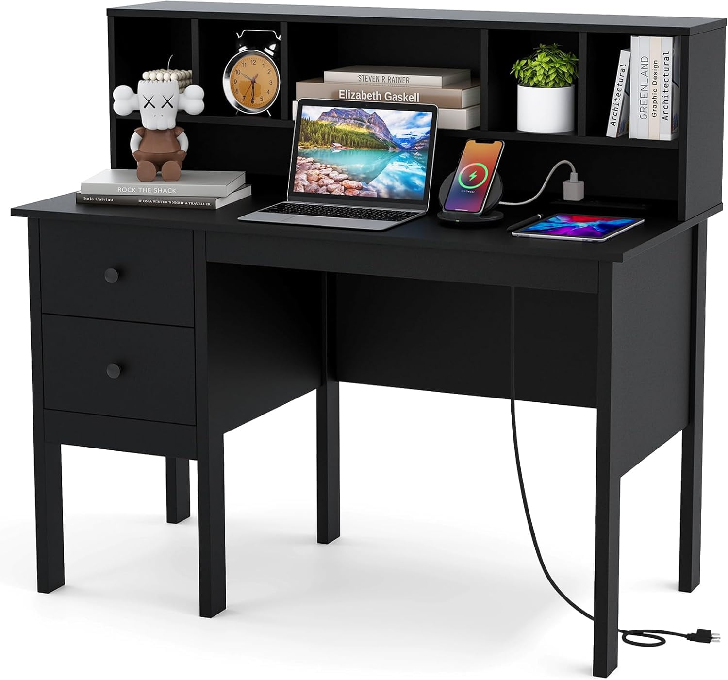 Black Desk with Drawers & Hutch, Modern Home Office Desk with Power ...