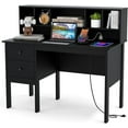 thumbnail image 1 of Black Desk with Drawers & Hutch, Modern Home Office Desk with Power Outlets, USB Ports & Type-C, Writing Study Desk with 5-Cubby Hutch, Computer Workstation Makeup Vanity Desk, 1 of 18
