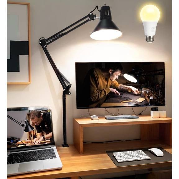 Black Desk Lamp with Clamp and Extra-Tall Adjustable Metal Swing Arm 3000K Warm Light