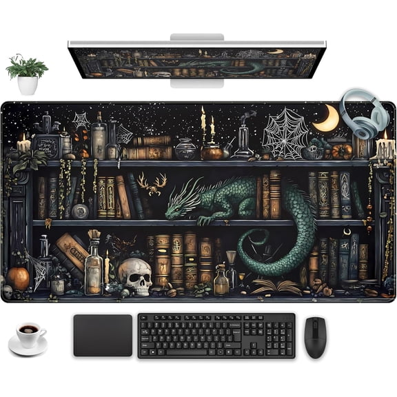 Black Desk Mat Gaming Desk Pad Large Mouse Pad, Mysterious Library Mouse Mat XXL Laptop Keyboard Pad, Vintage Gamer Mouse Pad Full Desk Mousepads Cool Office Desk Accessories 31.5"x15.7"