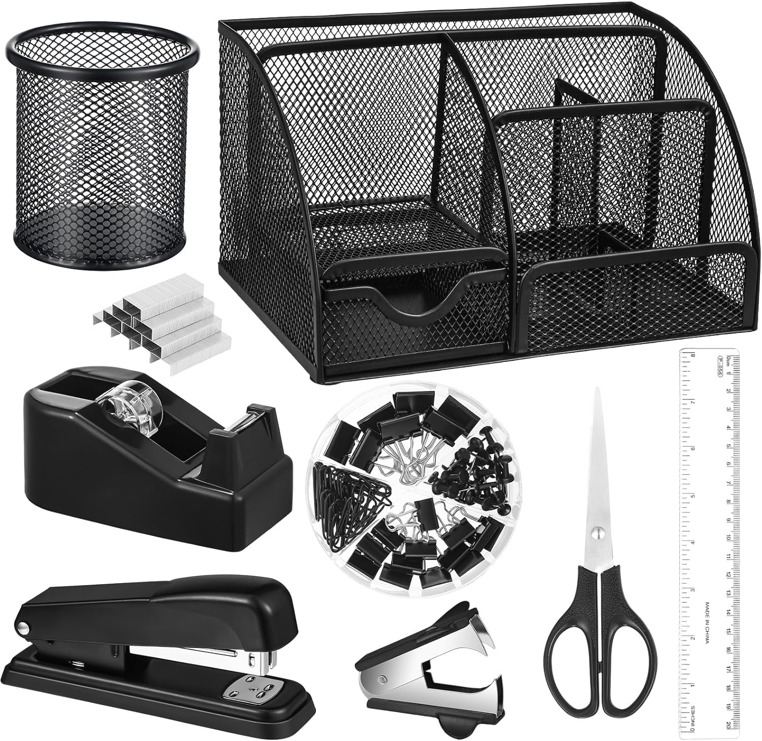 Leitz WOW Desk Organizer Set | White & Black Office Supplies | Tape Dispenser, Stapler, Scissors & More
