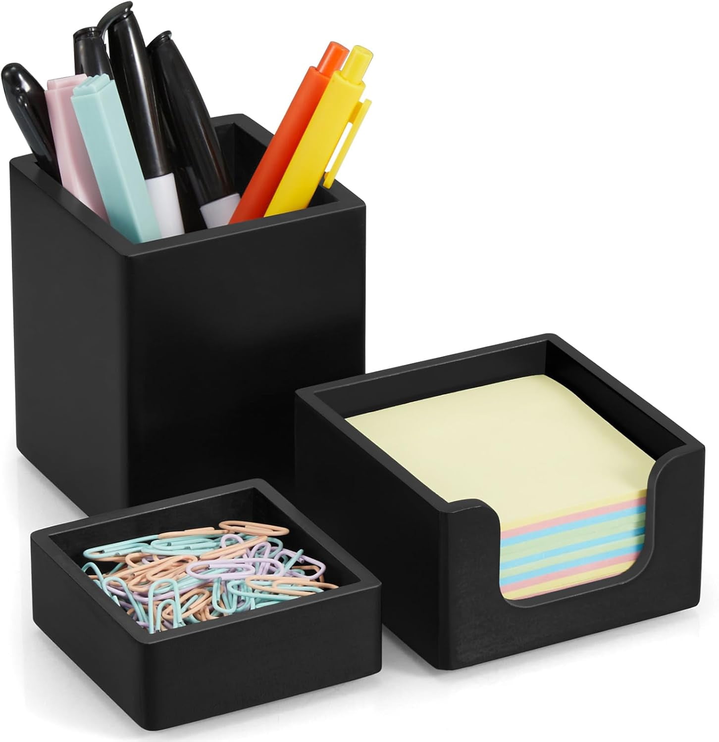 Black Desk Organizer Set of 3 - Wood Office Desk Accessories - Desk Organizers and Accessories for Women Men - Set incl. Pencil Pen Holder, Paperclip Storage and Sticky Note Holder