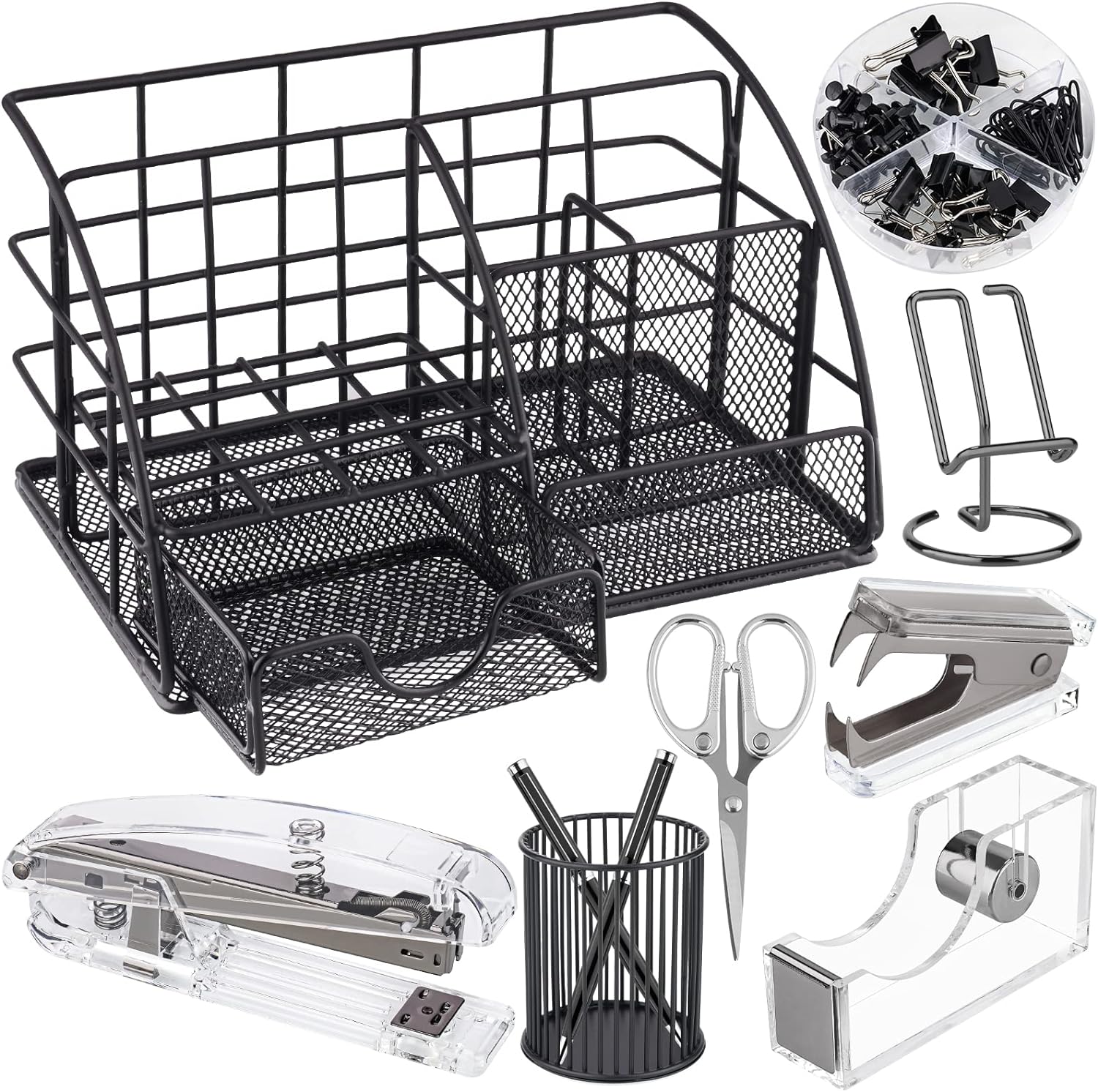 Black Desk Organizer Set with Accessories Includes Stapler, Tape