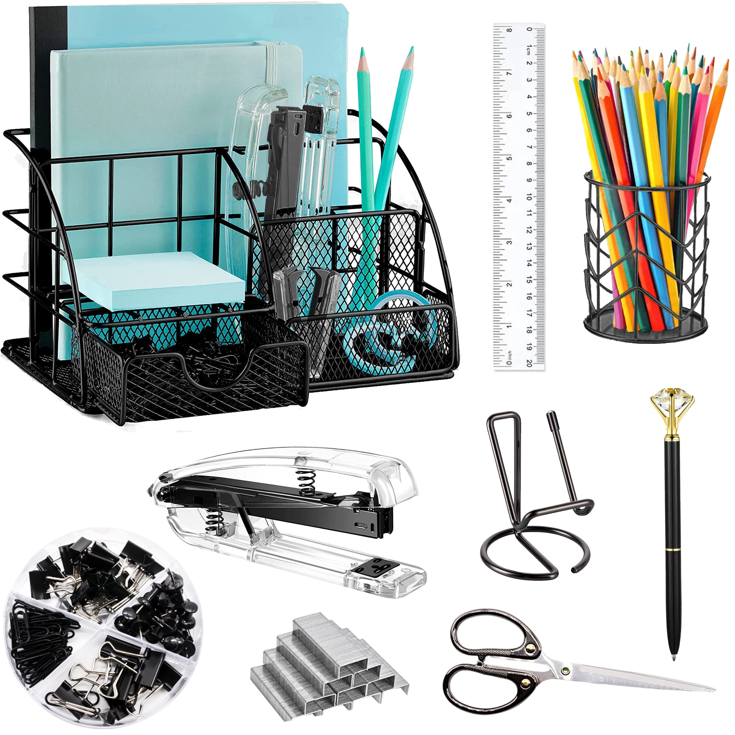 Black Desk Organizers And Accessories Office Supplies Set Stapler  Pen Holder Phone Ruler 30 Paper Clips 22 Binder Clip 20 Tacks 1000pcs Staples