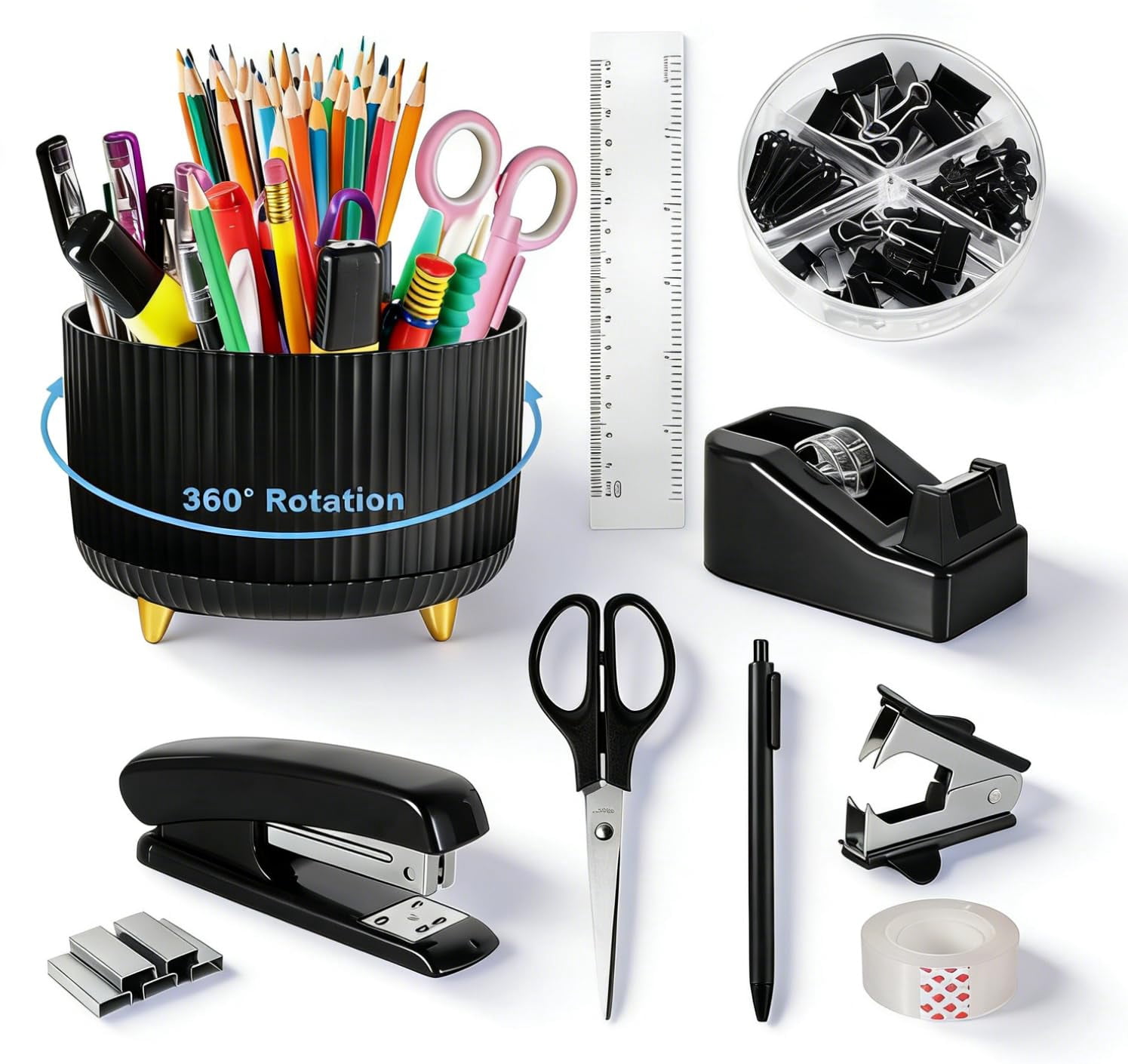 Black Desk Organizers And Accessories Set With 360-degree Rotating Pen Holder  Tape Dispenser Stapler Staple Remover 1000 Staples Clips Ruler Scissor