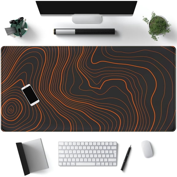 Black Desk Pad Large Gaming Moues Mat Minimalist Orange Topographic Map Desk Mat Extended XL Mousepad 31.5 x 15.7 in, with Anti-Slip Desk Pad Keyboard Stitched Edges Long Computer Keyboard Mouse Mat