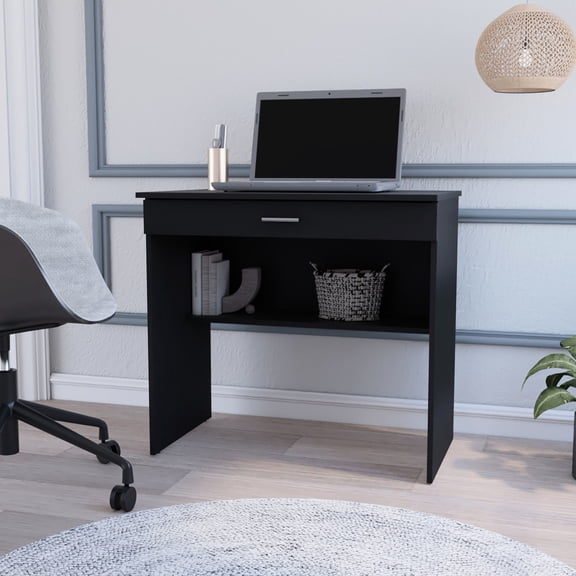 Black Desk With Drawer And Shelf For Office Use - Modern Feature Computer Workstation