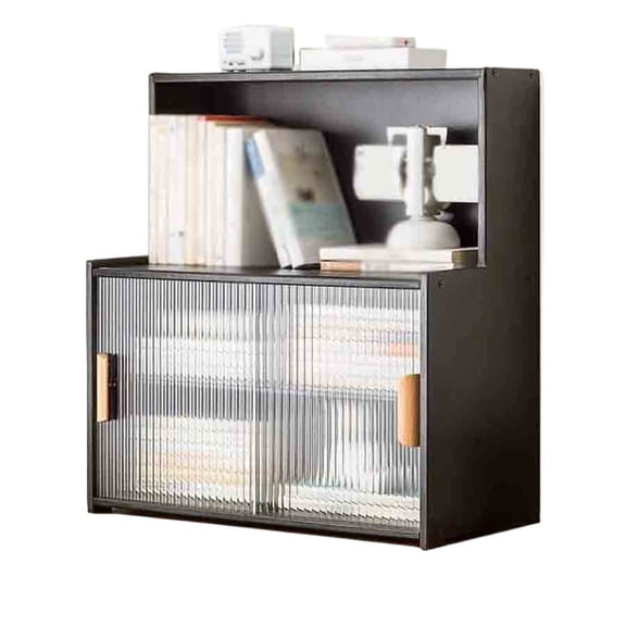Black Desktop Bookcase with Adjustable Dividers, with Plastic Sliding Door Organizer Display Rack, for Living Room Office Study Storage Shelf