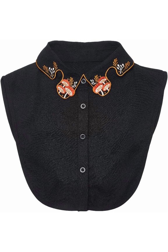 Black Detachable Collar Polyester Embroidery Mushroom Pattern Dickey Blouse False Half Shirt Button Up Decorative Collars Adjustable Strap for Women Clothing Dress Sweaters Accessories