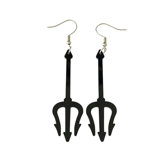 Black Trident Dangle Earrings, Matte Acrylic Pitchfork Halloween Earrings with Silver Hooks, Gothic Cosplay Jewelry for Women