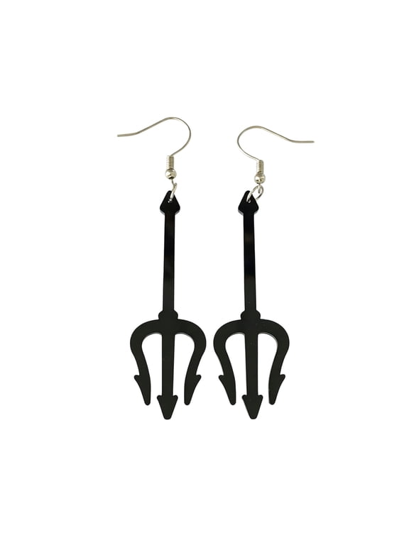 Black Trident Dangle Earrings, Matte Acrylic Pitchfork Halloween Earrings with Silver Hooks, Gothic Cosplay Jewelry for Women