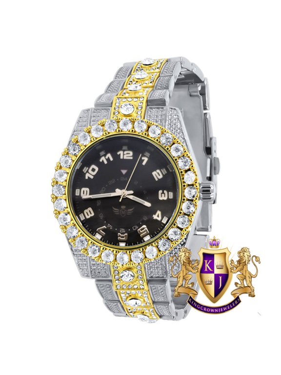 Black Dial Solitaire Men's 2 Tone Gold Finish Simulated Diamond Water Resistance Steel Back Watch 45MM