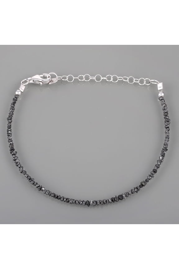 Black Diamond 2mm Nugget Chips Shape Rough Cut Beads 7 inch adjustable Silver Plated Clasp Bracelet for men, women, unisex. Link Chain Stacking Bracelet.|LINK_00961