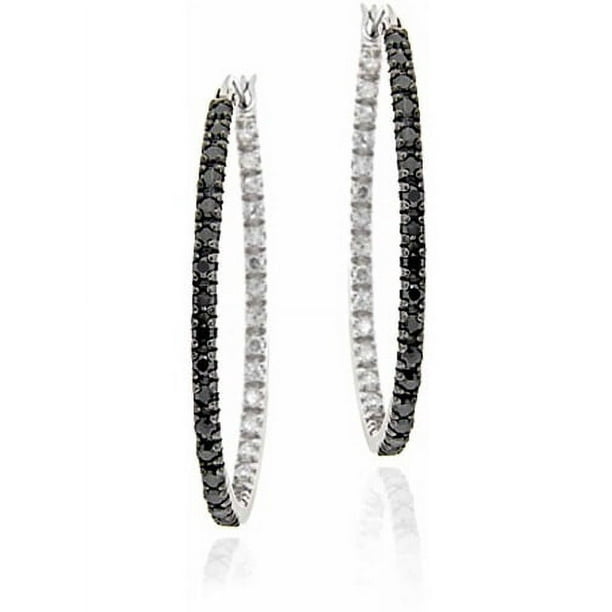 Black Diamond Accent Sterling Silver 33mm Oval Hoop Earrings