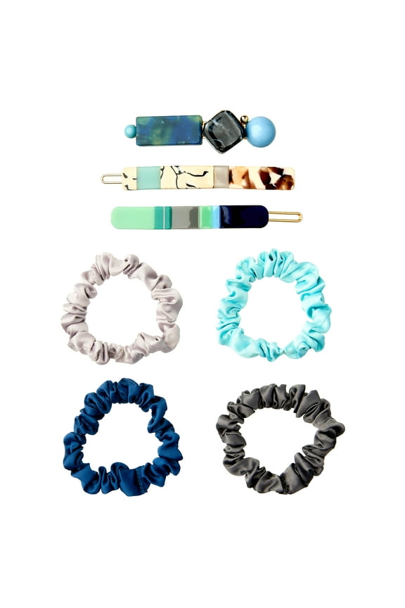 Blue Tonal Hair Scrunchies and Hair Clip Set, 7-Piece