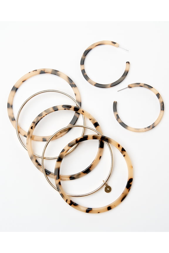Brown Tort Acetate Earring Hoops and Bracelet Bangle Set, 2"