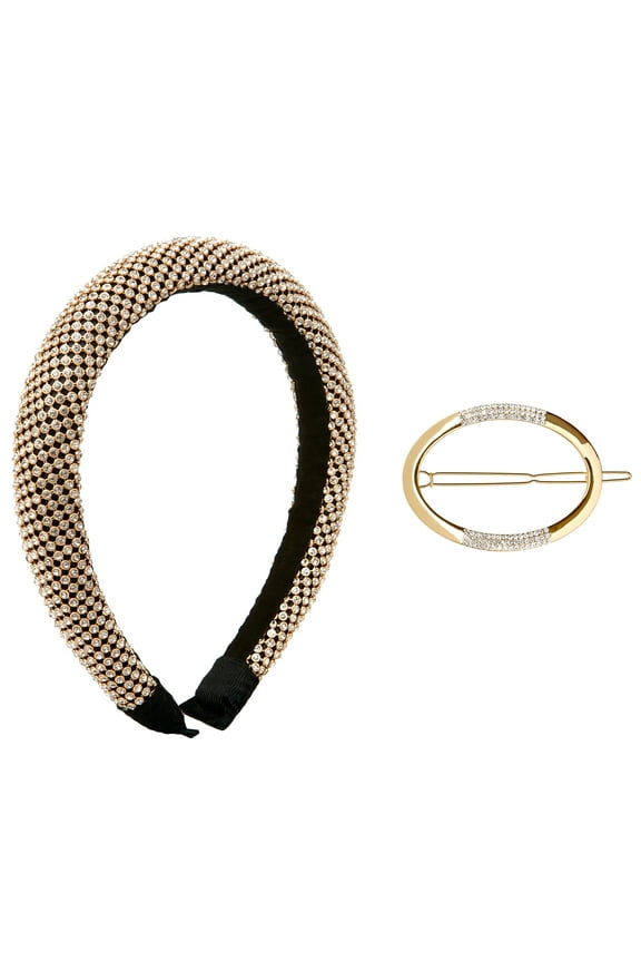 Gold Crystal Stone Headband and Hairclip Set, 2-Piece
