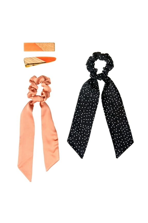 Multicolor Scrunchie Tails and Hair Clip Set, 4-Piece