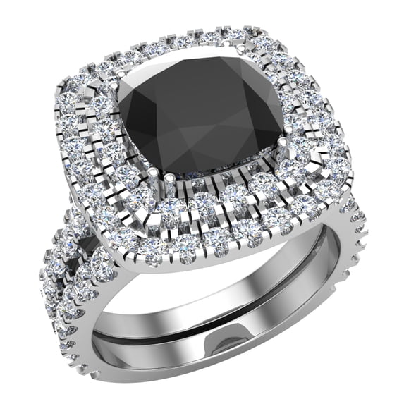 Black Diamond Cushion Cut Double Halo Diamond Wedding Rings for Women 14K White Gold 3.80 CTW