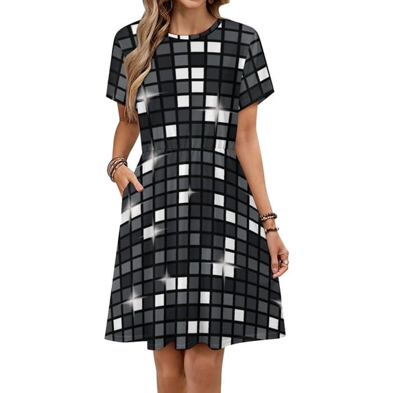 Black Diamond Disco Ball Glitter Sundress Short Sleeve Dress Summer Women Clothes Dress for Women Dresses