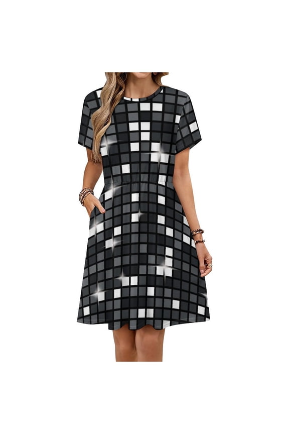 Black Diamond Disco Ball Glitter Sundress Short Sleeve Dress Summer Women Clothes Dress for Women Dresses