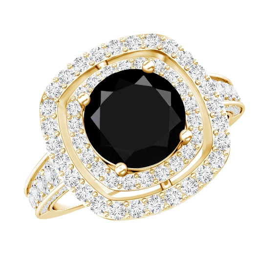 Rosec Jewels Certified Lab Grown Black Diamond Engagement Ring with Double Halo - Black and White Ring for Women - AAAA Quality, 10K Yellow Gold, US 3.50