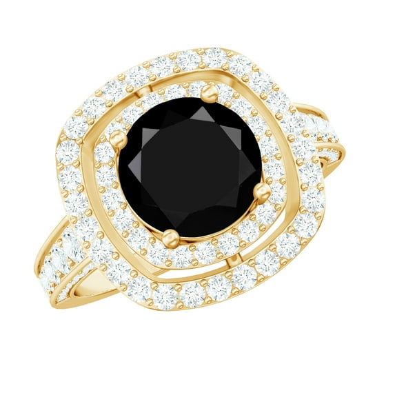 Rosec Jewels Certified Lab Grown Black Diamond Engagement Ring with Double Halo - Black and White Ring for Women - AAAA Quality, 14K Yellow Gold, US 9.50
