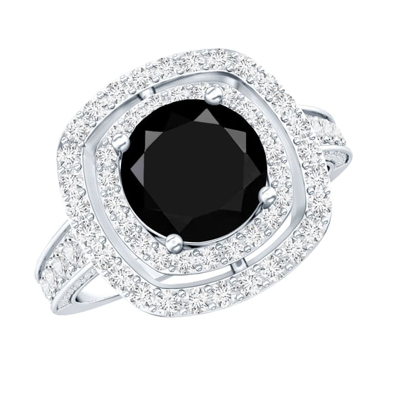 Rosec Jewels Certified Lab Grown Black Diamond Engagement Ring with Double Halo - Black and White Ring for Women - AAAA Quality, 925 Sterling Silver, US 12.50