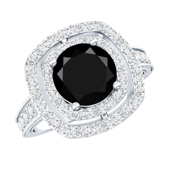 Rosec Jewels Certified Lab Grown Black Diamond Engagement Ring with Double Halo - Black and White Ring for Women - AAAA Quality, 925 Sterling Silver, US 4.00