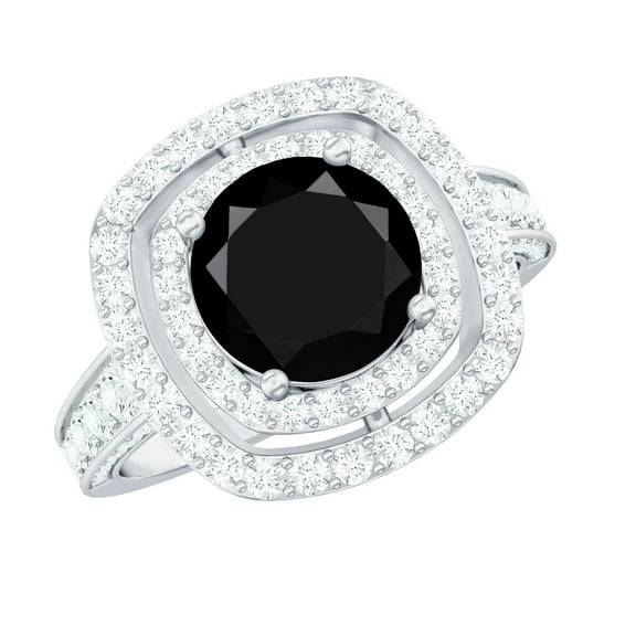 Rosec Jewels Certified Lab Grown Black Diamond Engagement Ring with Double Halo - Black and White Ring for Women - AAAA Quality, 925 Sterling Silver, US 4.00